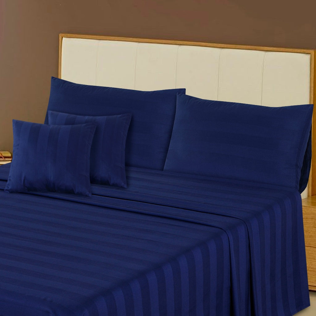 Cotton Sateen Stripe Bed Sheet Set Medieval Blue-40162