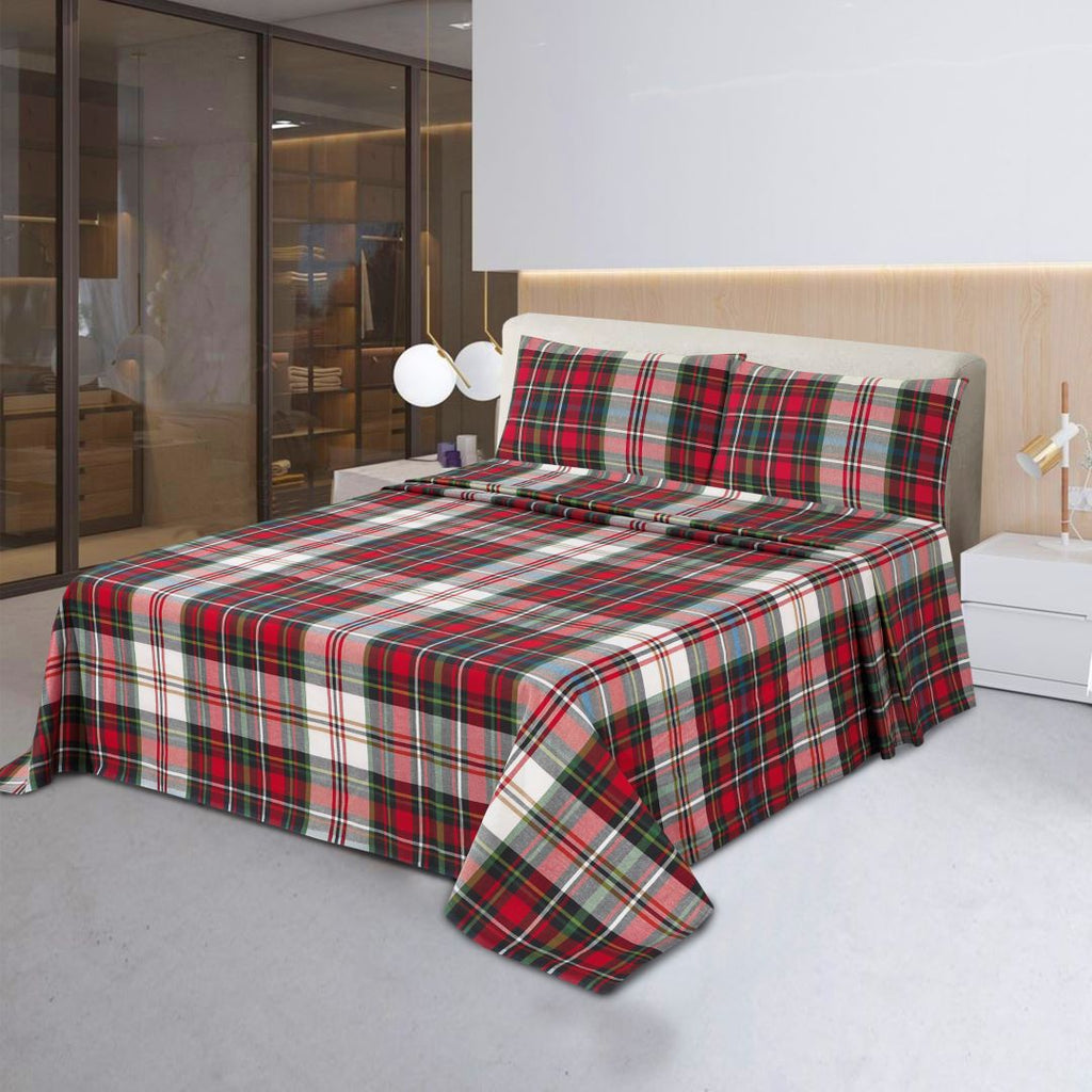 Yarn Dyed Cotton Bed Sheet 3 Pcs Set Red Green Plaid-30177