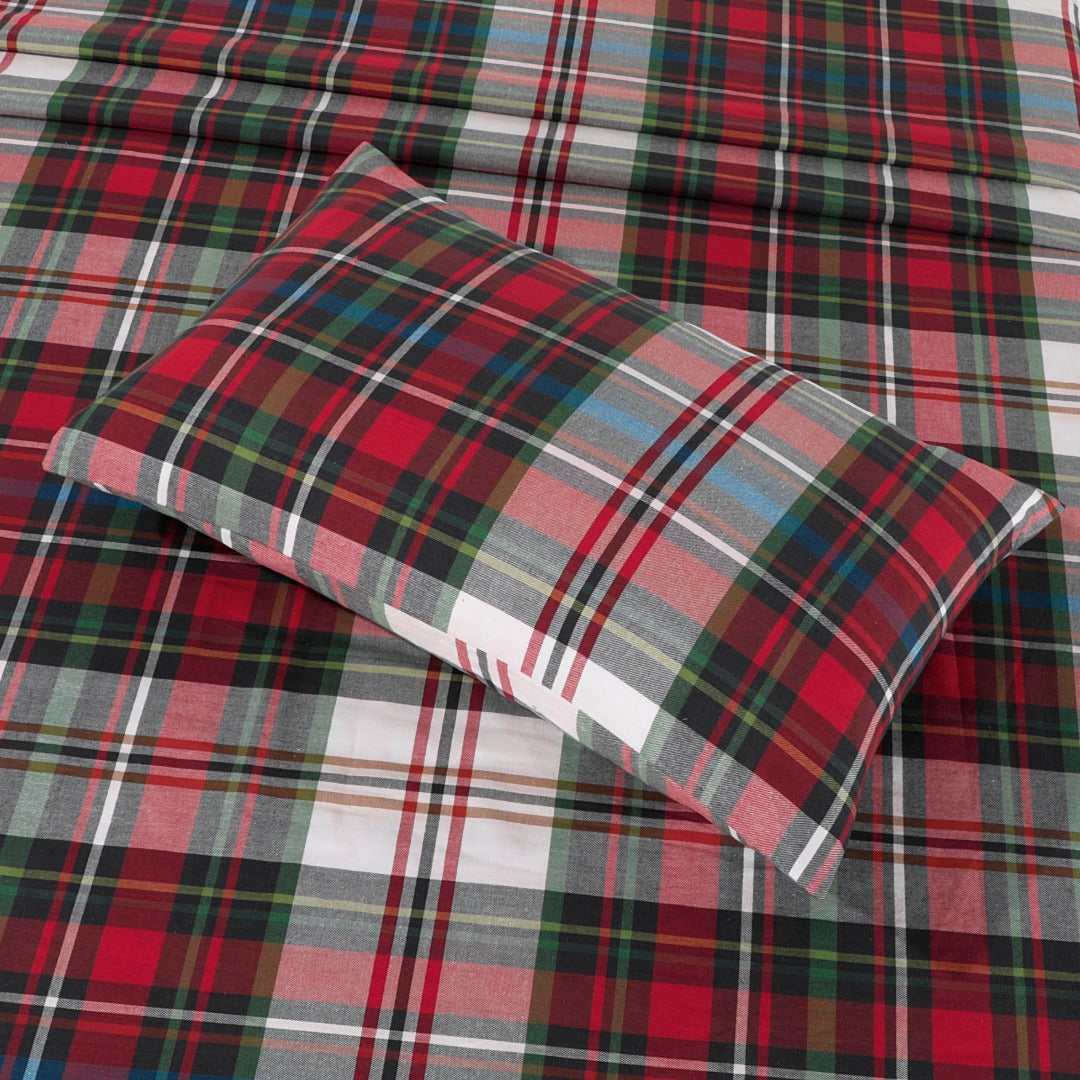 Yarn Dyed Cotton Bed Sheet 3 Pcs Set Red Green Plaid-30177