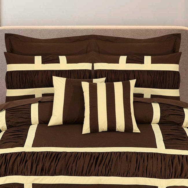 Ruffled & pleats Duvet Cover 8 Pcs Set Brown & Beige-40181 RFS Main Image