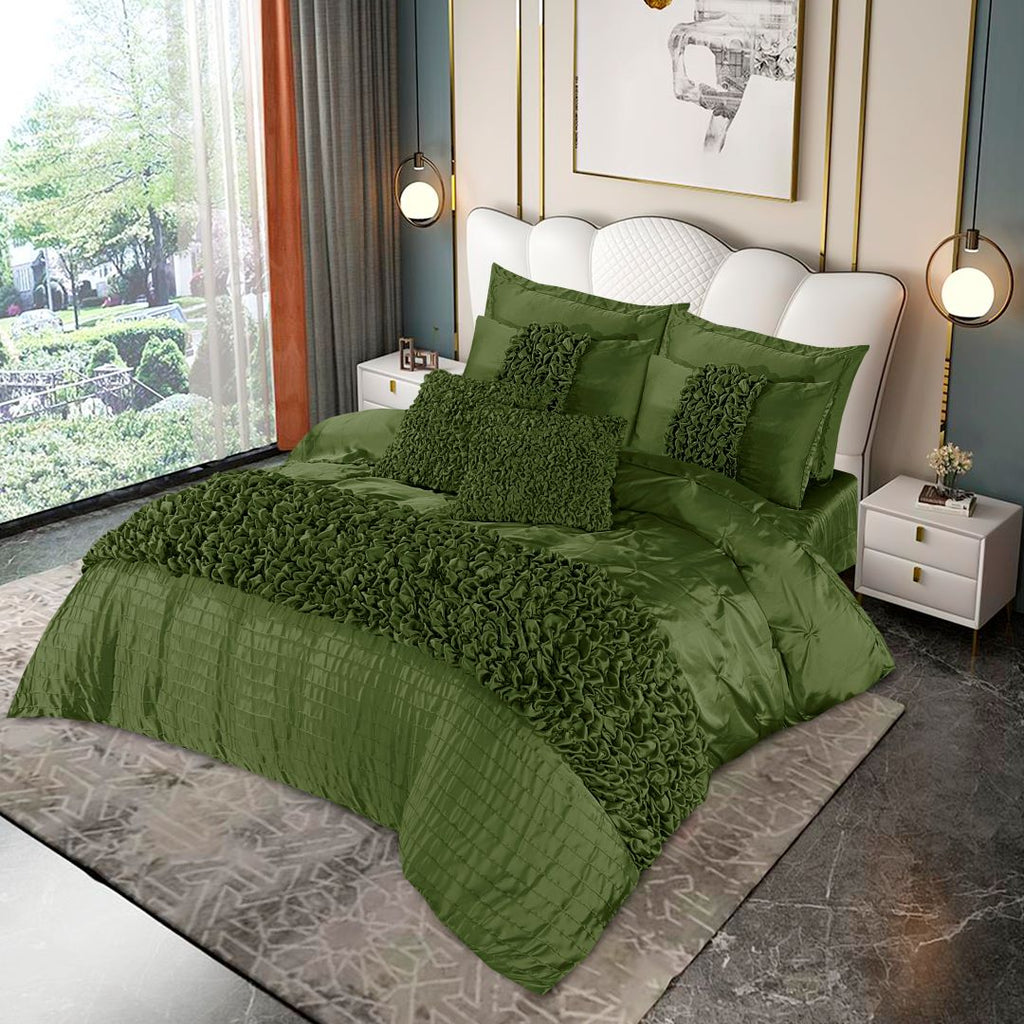 Silk Roly-Poly Pin Tuck Duvet Cover 8 Pcs Set Green-40268 RFS
