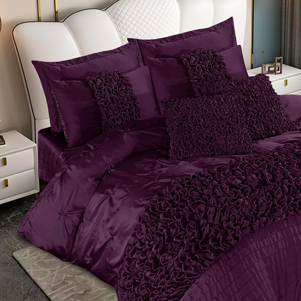 Silk Roly-Poly Pin Tuck Duvet Cover 8 Pcs Set Purple-40269 RFS