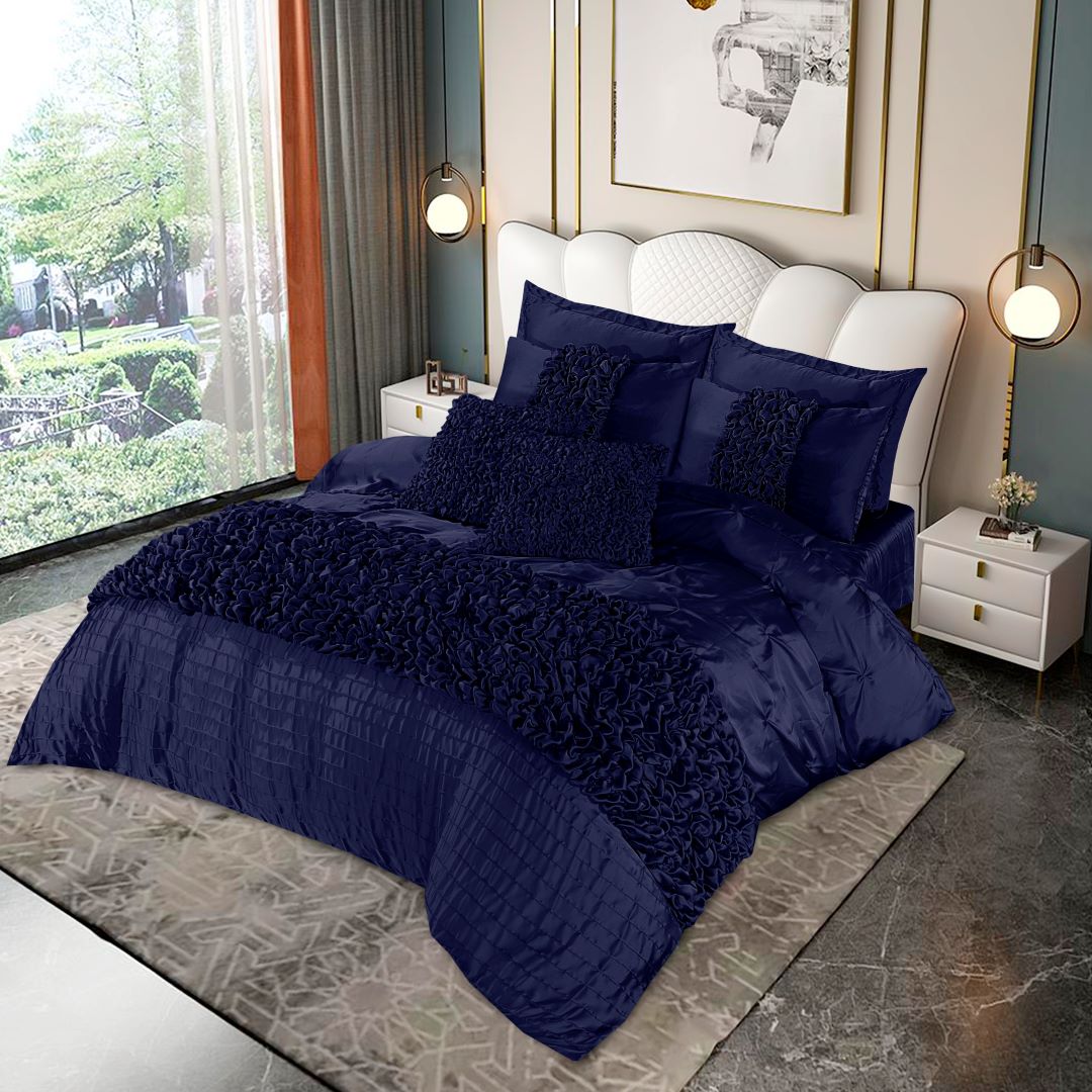 Silk Roly-Poly Pin Tuck Duvet Cover 8 Pcs Set Navy-40270 RFS
