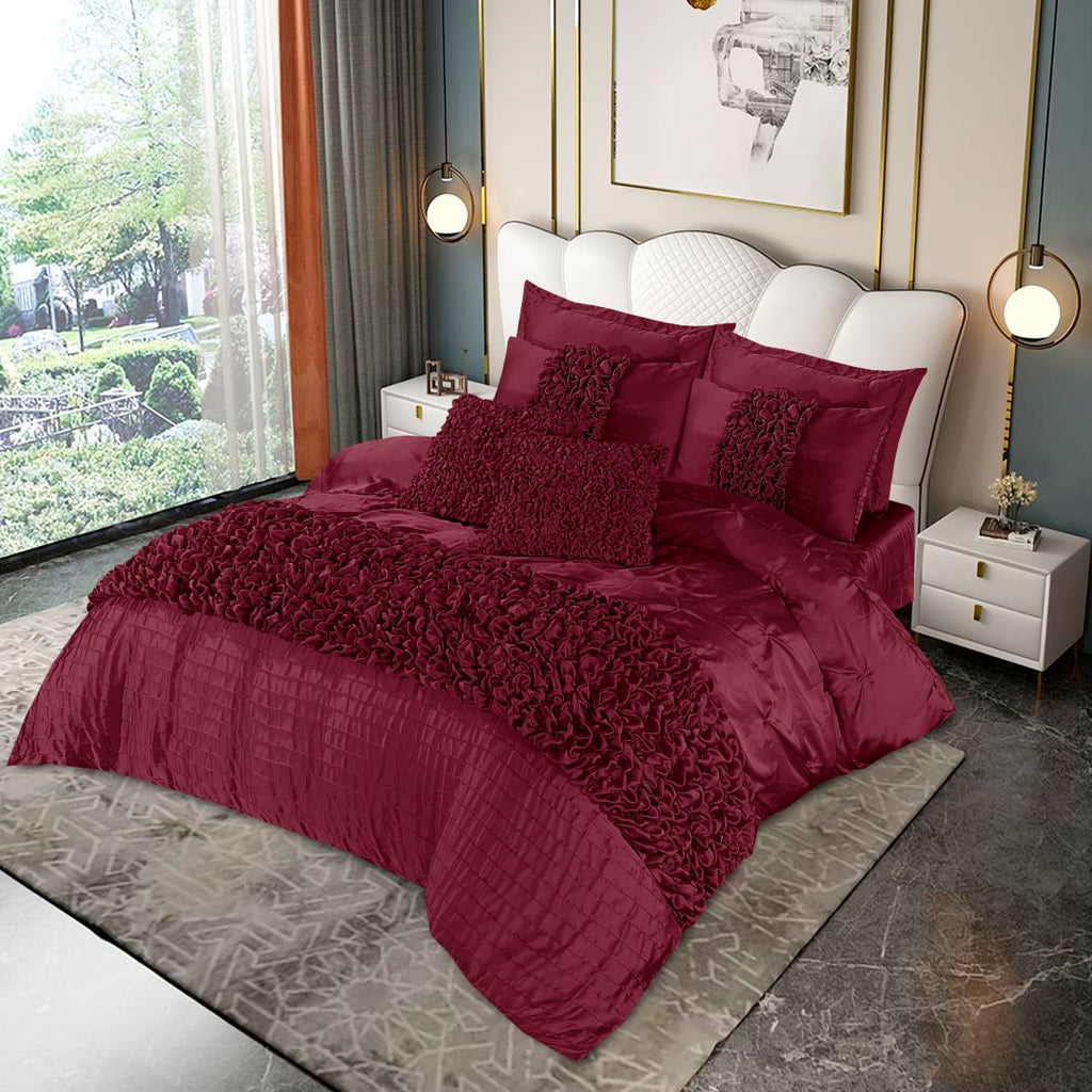 Silk Roly-Poly Pin Tuck Duvet Cover 8 Pcs Set Maroon-40271 RFS