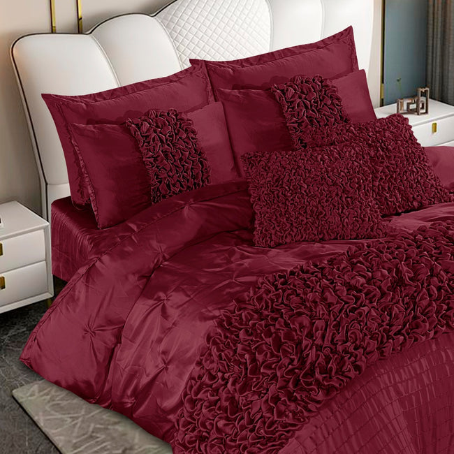 Silk Roly-Poly Pin Tuck Duvet Cover 8 Pcs Set Maroon-40271 RFS Main Image