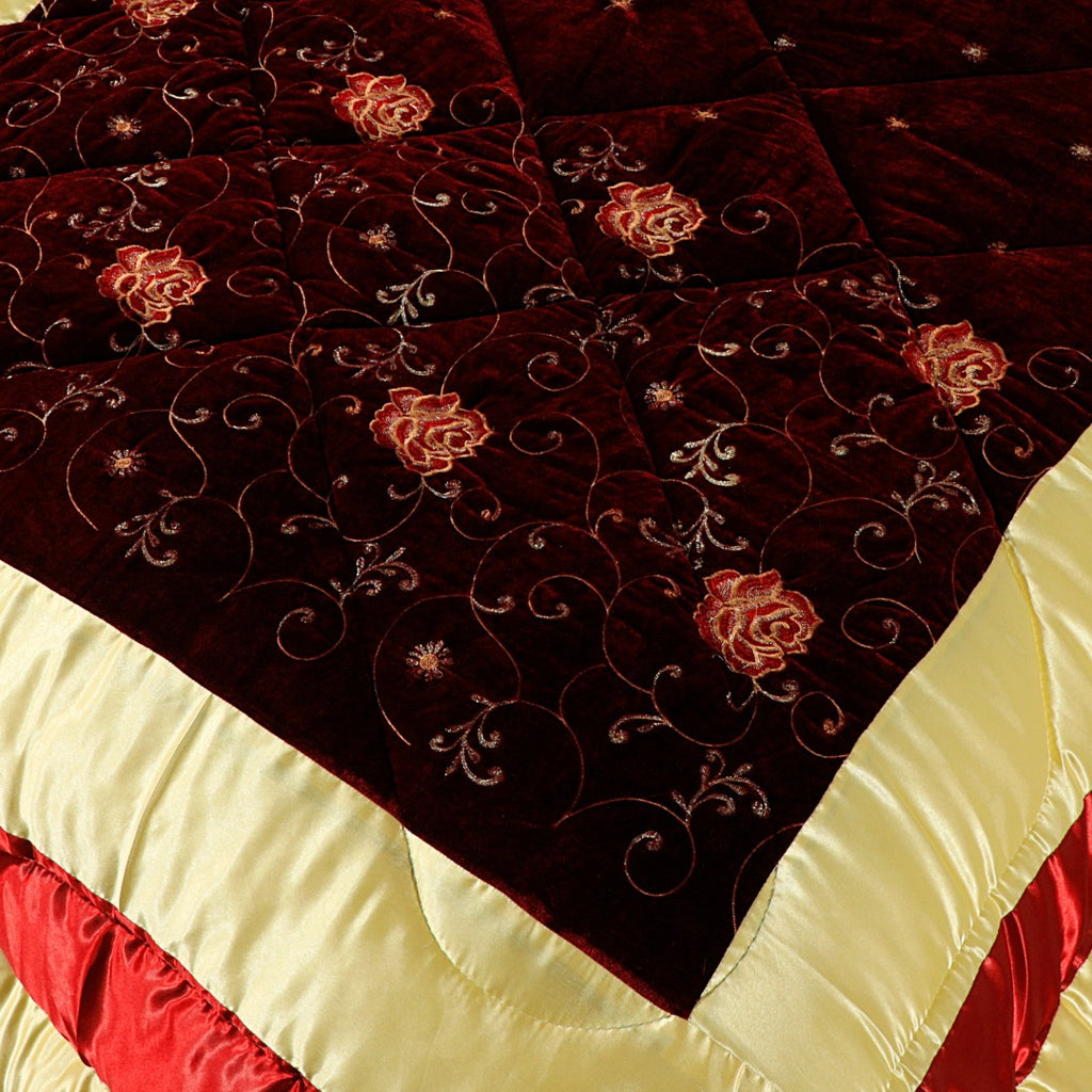 Bridal Comforter Set Velvet Silk Chocolate Red & Golden-40196