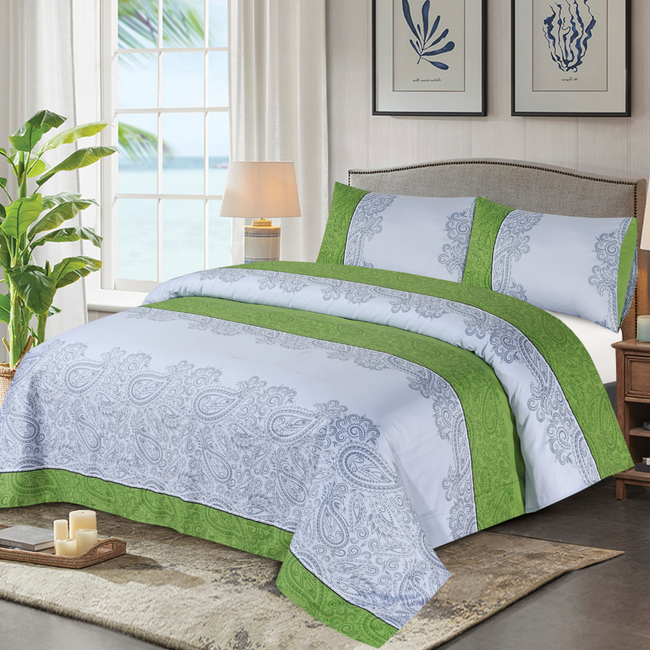 Cotton Sateen Bed Sheet Green Paisley King-30120 Hover Image