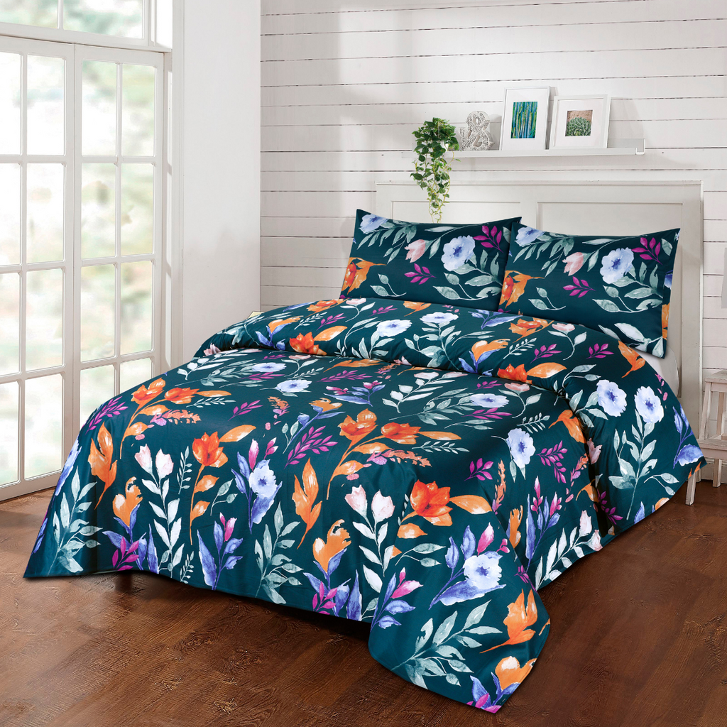 Cotton Sateen Bed Sheet Topical Leaves-30114