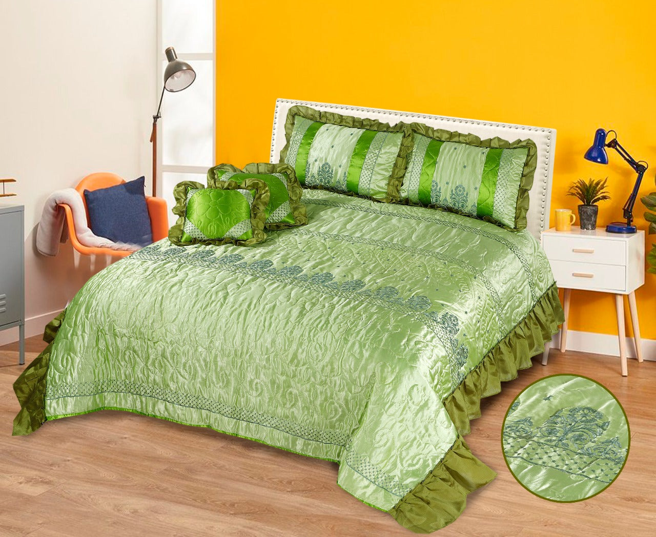 Silk Quilted Frilled Bed Sheet 5 Pcs Set Green King-50152 OS