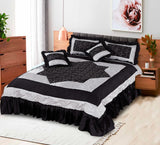 Silk Quilted Frilled Bed Sheet Set Black & White-50153 OS