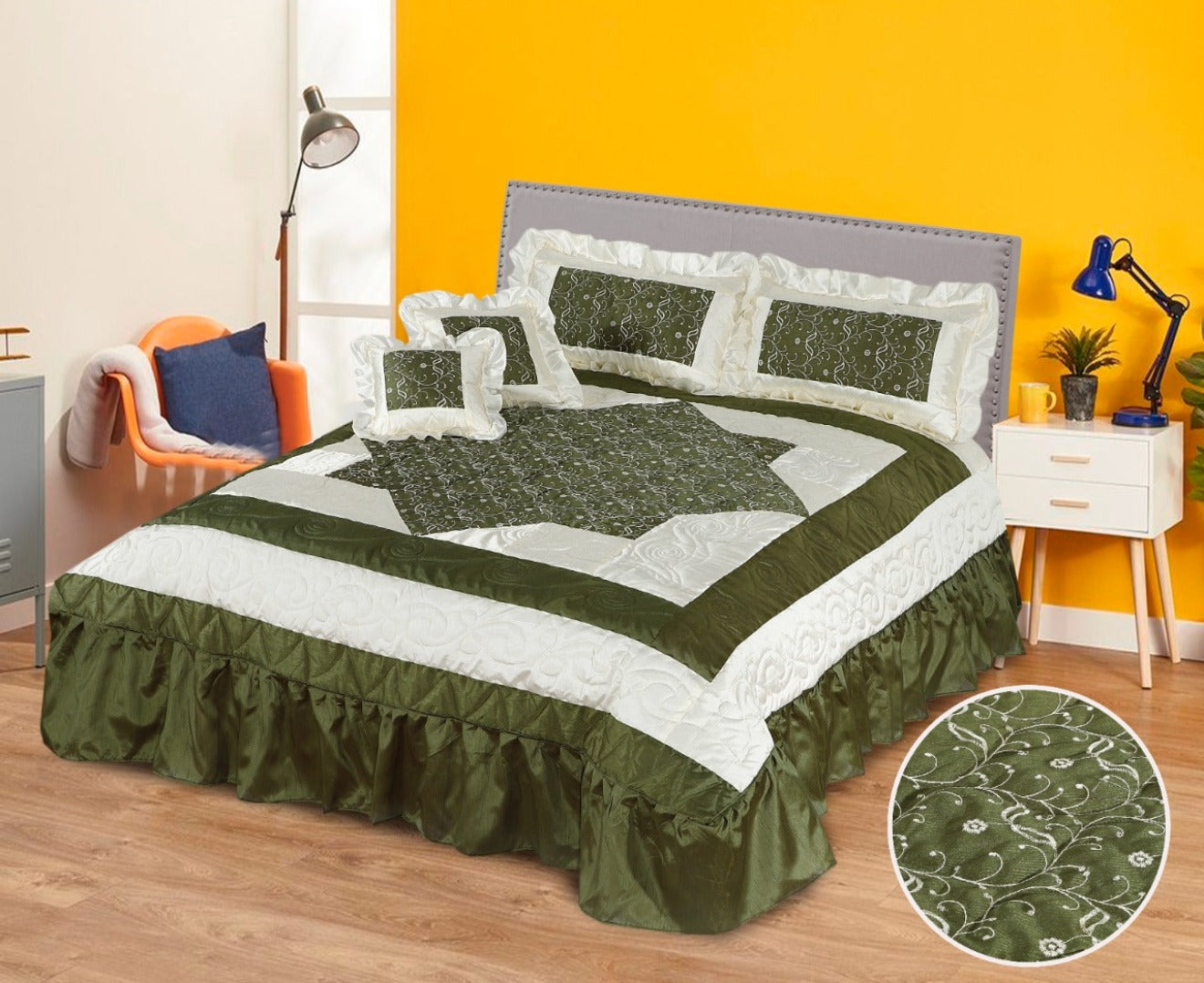 Silk Quilted Frilled Bed Sheet 5 Pcs Set Green & White King-50154 OS
