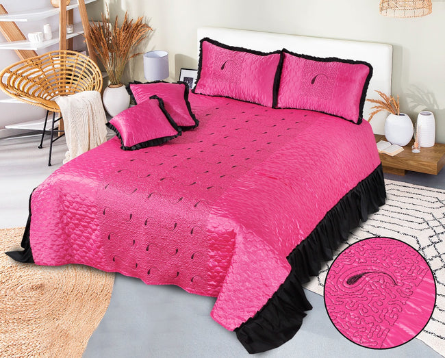 Silk Quilted Frilled Bed Sheet 5 Pcs Set Fuscia-50156 OS Hover Image