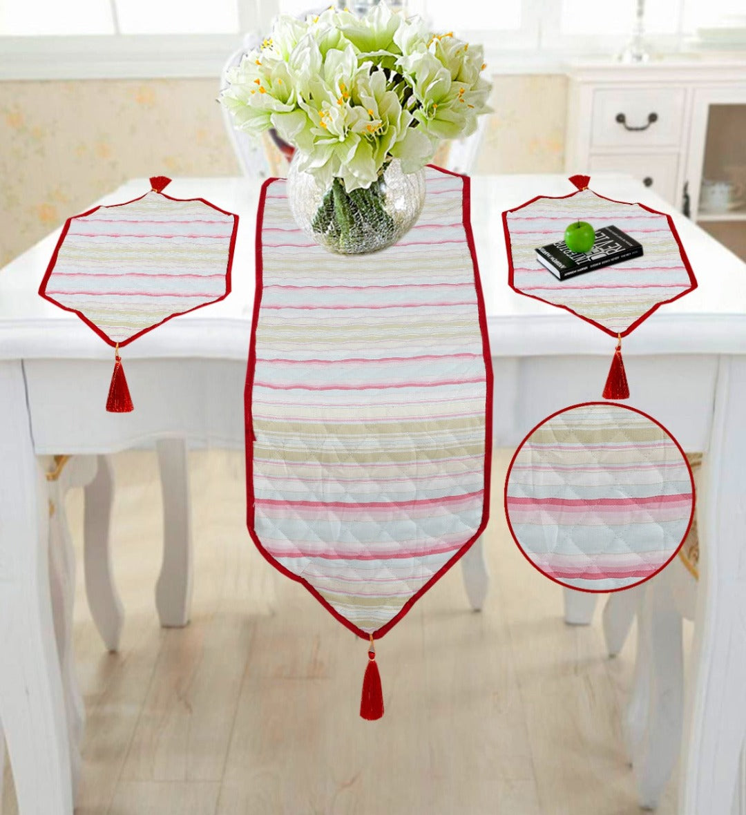 3 Pcs Quilted Table Runner Set  Red & White Stripes-702 OS