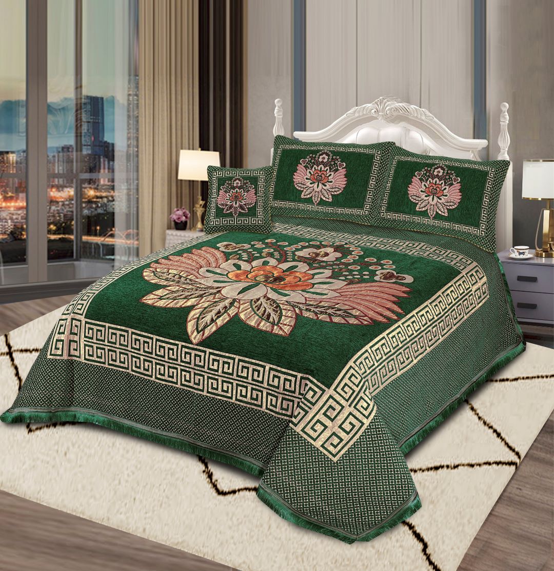 Jacquard Velvet Bed Sheet Set 4 pcs Butterfly  Forest Green King-40228 RFS