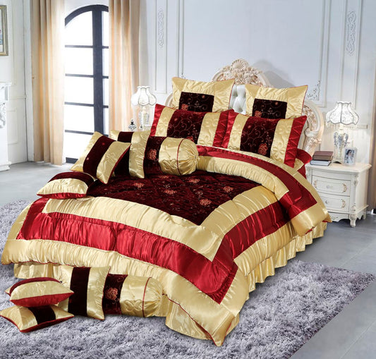 Bridal Comforter Set Velvet Silk Chocolate Red & Golden - 40196 - Lotus