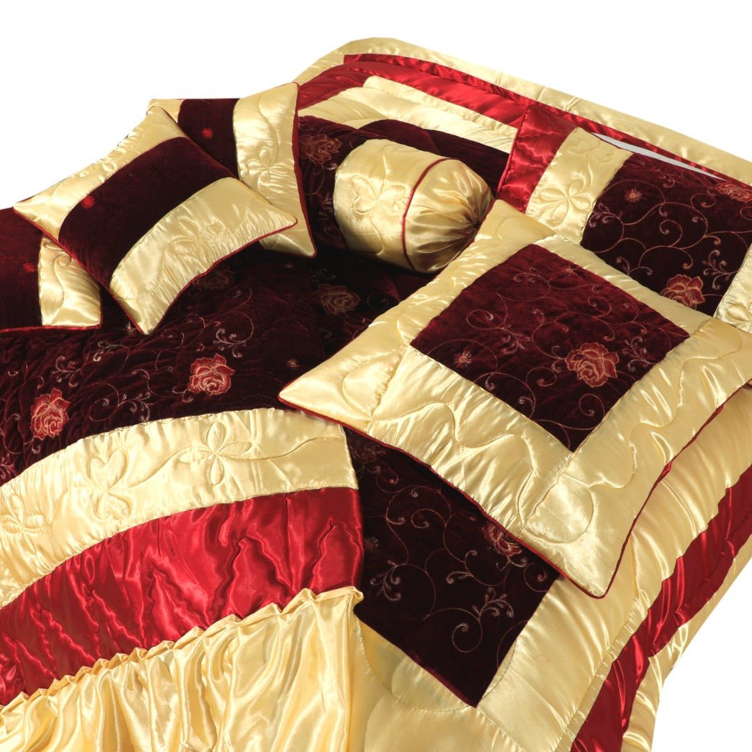 Bridal Comforter Set Velvet Silk Chocolate Red & Golden - 40196 - Lotus