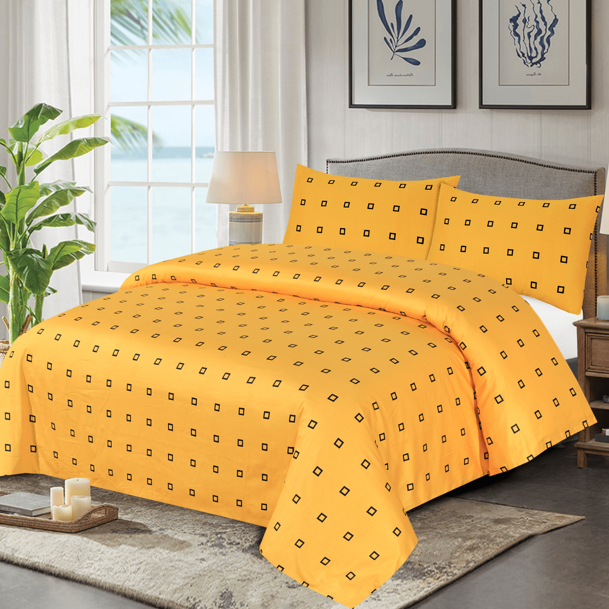 Cotton Sateen Bed Sheet Black Square King - 30122 - Lotus