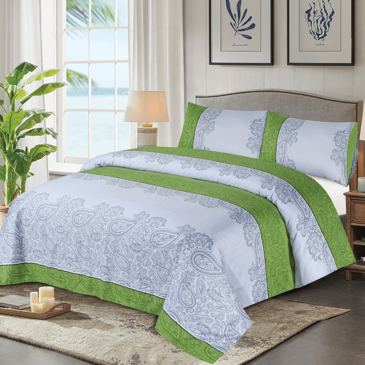 Cotton Sateen Bed Sheet Green Paisley King - 30120 - Lotus