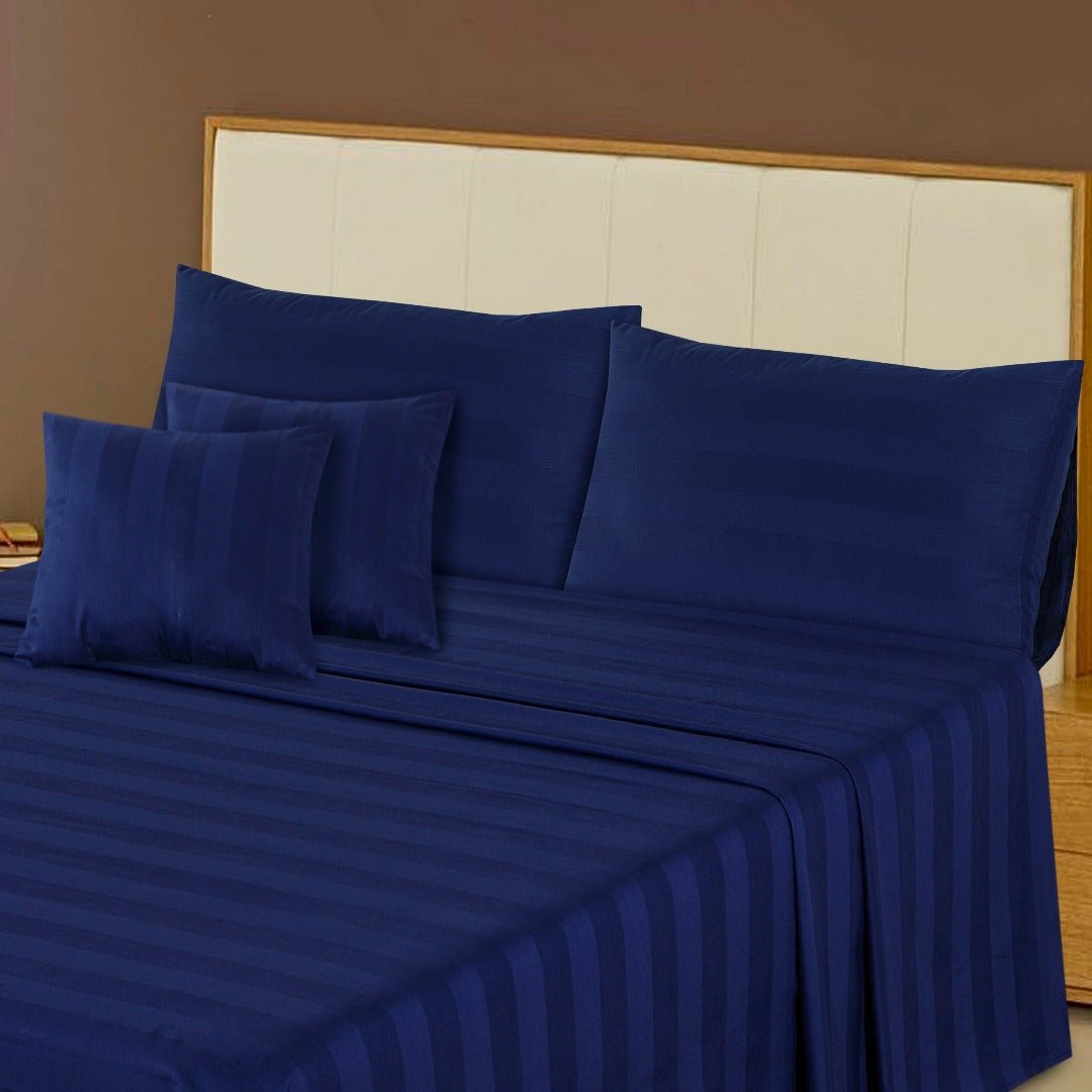 Cotton Sateen Stripe Bed Sheet 5 Pcs Set Medieval Blue - 40162 - Lotus