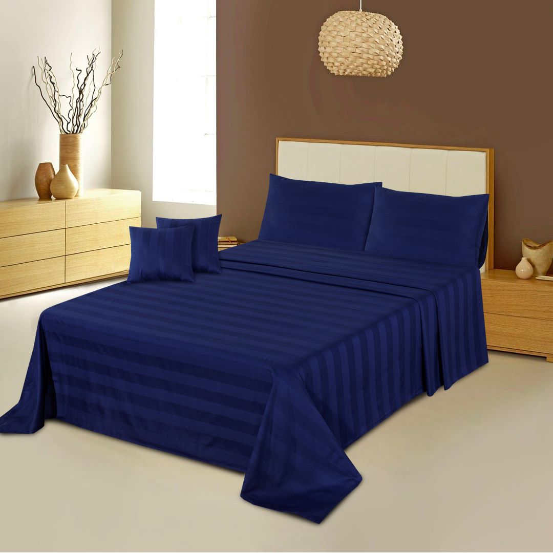 Cotton Sateen Stripe Bed Sheet 5 Pcs Set Medieval Blue - 40162 - Lotus
