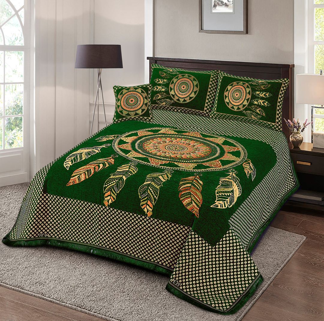 Jacquard Velvet Bed Sheet Set 4 pcs Chikankari Forest Green King - 40264 RFS - Lotus