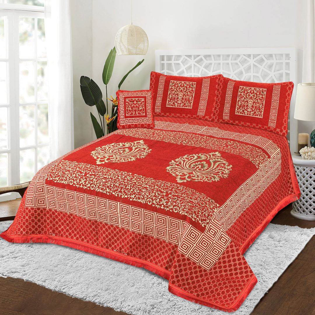 Jacquard Velvet Bed Sheet Set 4 pcs Mandala Red King - 40231 RFS - Lotus
