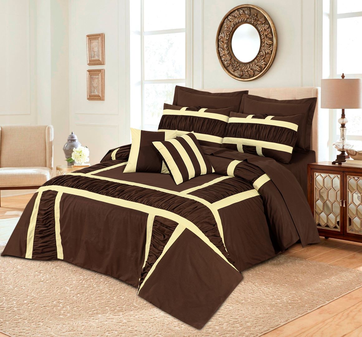 Ruffled & pleats Duvet Cover 3 Pcs Set Brown & Beige - 40181 RFS - Lotus