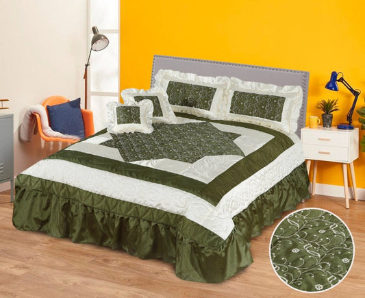 Silk Quilted Frilled Bed Sheet 5 Pcs Set Green & White King - 50154 OS - Lotus