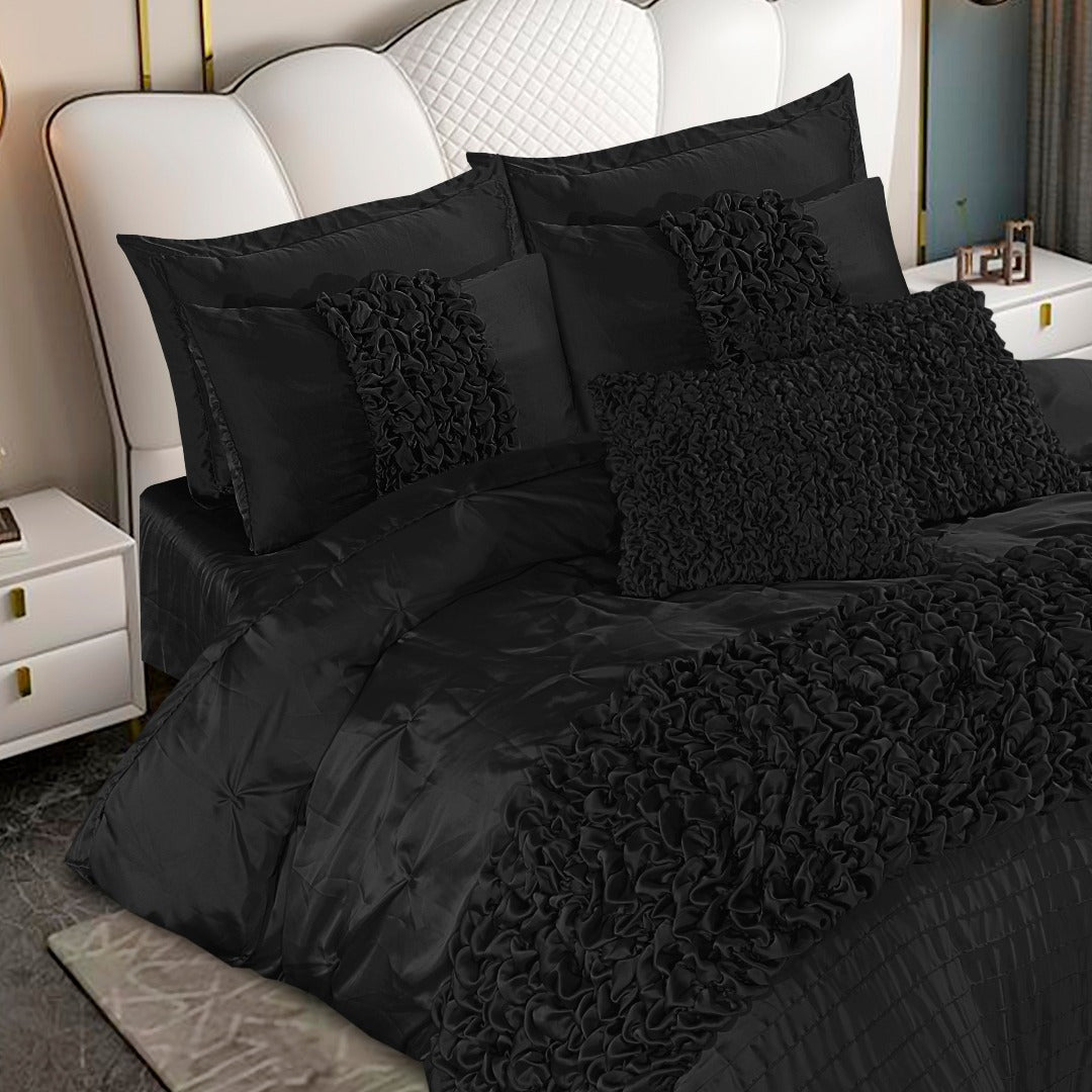 Silk Roly - Poly Pin Tuck Duvet Cover 8 Pcs Set Black - 40272 RFS - Lotus
